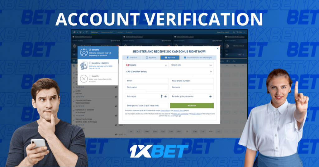 1xBet account verification and registration form