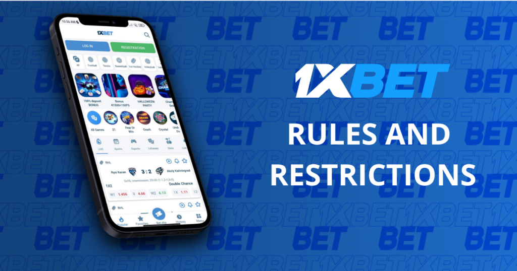 1xBet rules and restrictions displayed with a smartphone
